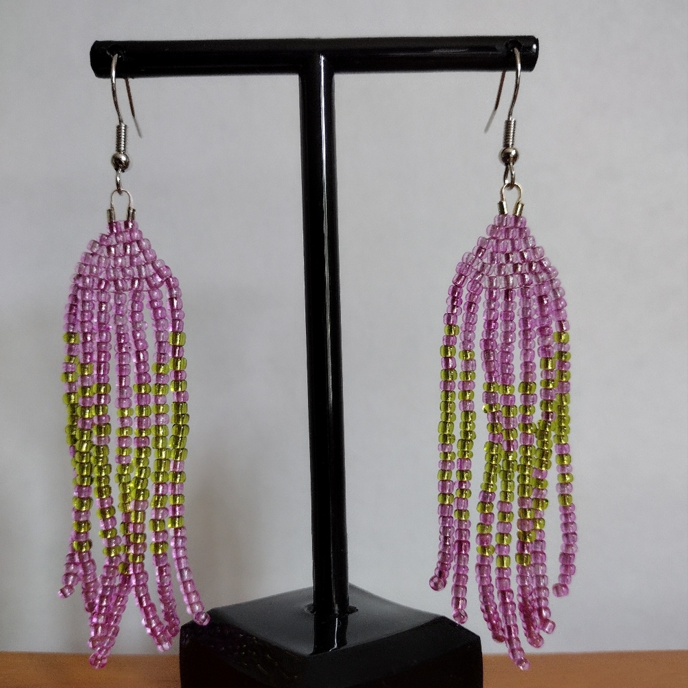Cute 3 1/4" Beaded Pink & Green Fringe Dangle SS Earrings